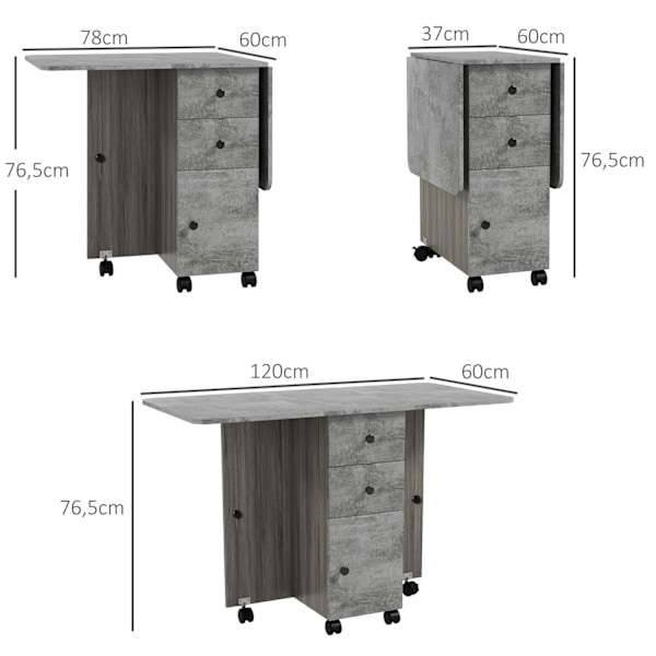 ROTZ Folding Kitchen Table - Compapible Dining Table - Space -Bavare Table - 2 fällbara toppar, 2 lådor, skåp - 120x60x76,5 cm - Grå