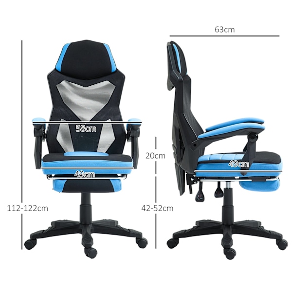 Rootz Gaming Kontorstol - Højdejusterbar sæde - Rotatabel rulle - Ergonomisk komfort - 58 cm x 63 cm x 112-122cm - Blå -sort