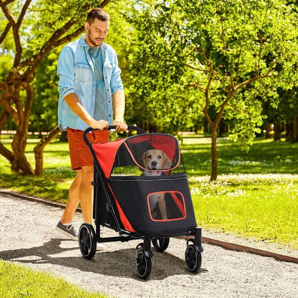 Rootz Folding Dog Trolley - One-click System - Resesaker - Vikbar - 2 säkerhetslinor - Stål+oxford tyg - Röd + Svart - 112L x 65W x 100H cm
