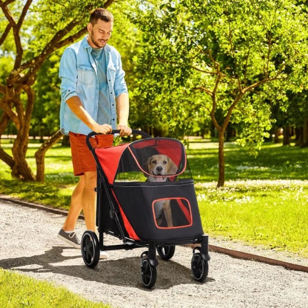 Rootz Folding Dog Trolley - One-click System - Travel Essentials - Foldbar - 2 sikkerhedsliner - Stål+oxford stof - Rød + Sort - 112L x 65W x 100H cm