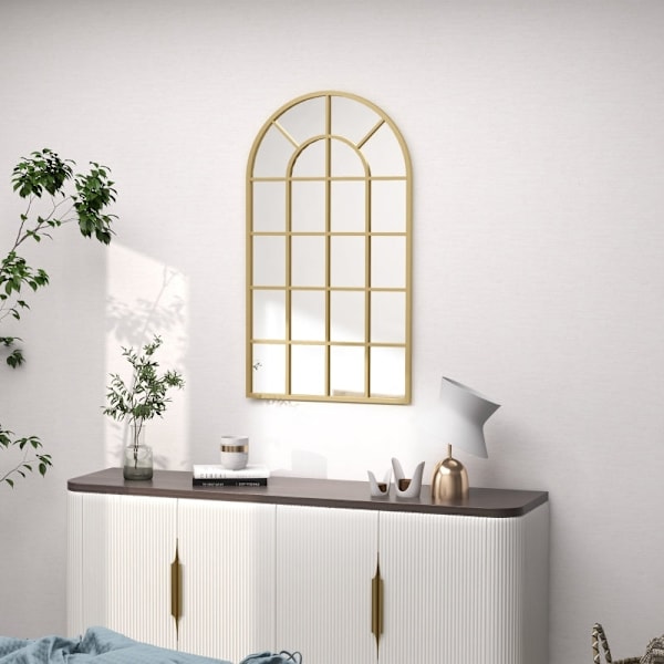 Rootz forgyldt vægspejl - dekorativt frakkespejl - buet vinduesramme - visuel forstørrelse - brudsikkert glas - 65 cm x 2,5 cm x 110 cm