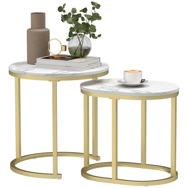 Rootz 2 -sarja Marble Look Sohvapöytä - soikea ja pyöreä sivupöytä - pinottavat pöydät - tilaa säästävä muotoilu - Ø50 x 50,5 cm, 60 x 36 x 43,5 cm