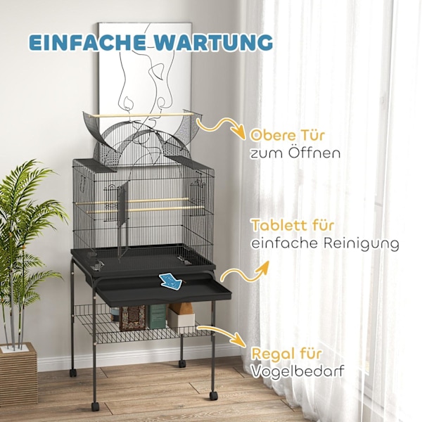 Rootz Mobile Bird Cage - Kanarian ja budgie -elinympäristö - Kestävä metalliverkko - Sileä liikkuvuus - 63 cm x 53cm x 144 cm