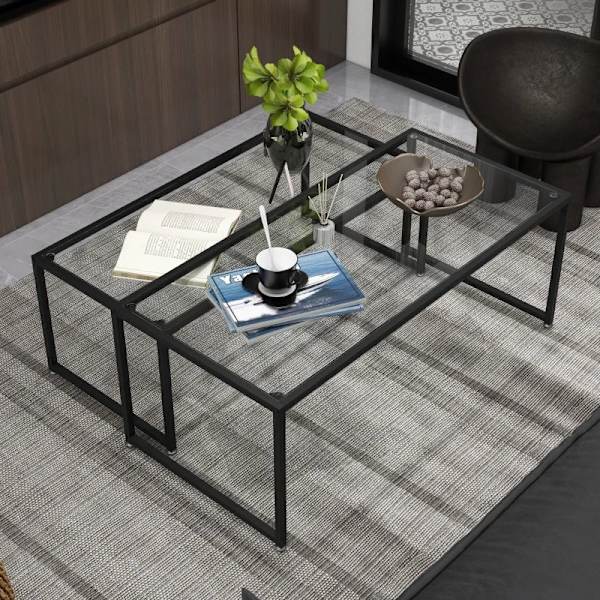 Rootz Sofaborde - Glasborde - To Sofaborde - Pulverlakeret stål - Værelser Livsstile - Hærdet glas - Sort + Gennemsigtig - 119L x 56W x 44,5H cm
