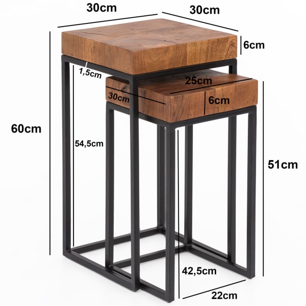 Rootz Industrial Design kaksiosainen sisäkkäinen pöytäsetti - Sivupöydät - Sheesham-puu - Metallirunko - Ainutlaatuinen puun syy - Käsintehty - Suojal