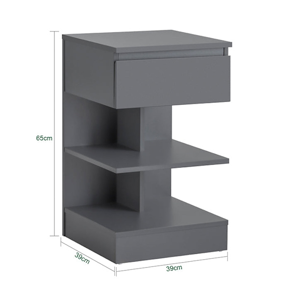 Rootz Sengebord - Natbord - Sidebord - Kommode - Rummelig opbevaring med 3 hylder og skuffe - Kompakt design Passer til smalle rum - Nem montering - G