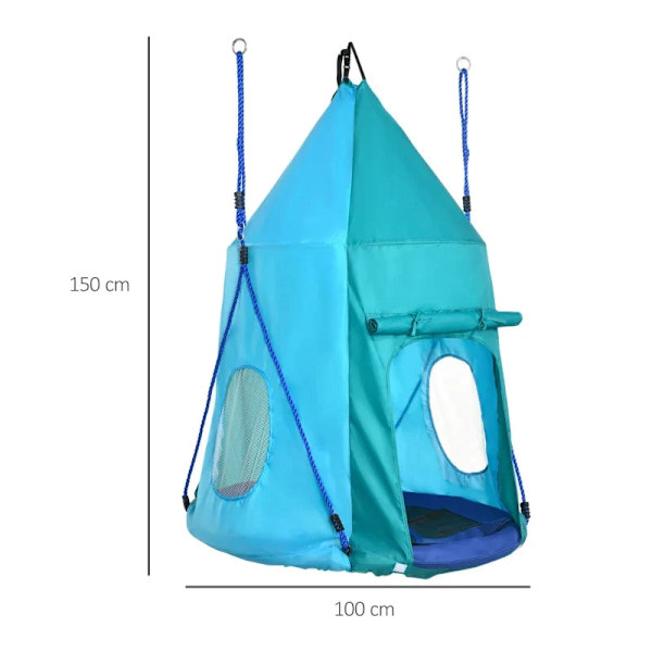 Rootz Nest Gunga med tält - Barngunga - Längdjusterbara rep - Vattentät - Lastkapacitet upp till 150 kg - Blågrön - 100L x 100W x 150H cm