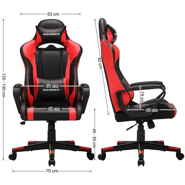 Rootz Gaming stol - Kontorstol - Drejestol - Lændepude - Ergonomisk - Højdejusterbar - Rød - Sort - Kunstlæder - 71 x 63 x (120-130)