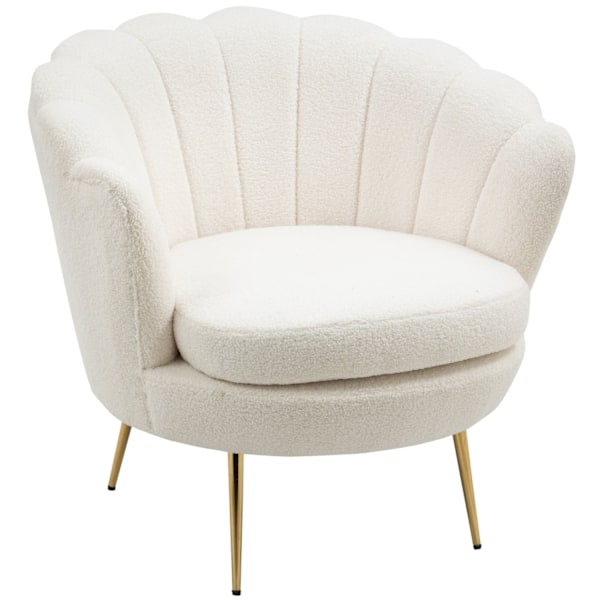 Rootz Shell -formad klädd stol - Relaxationsstol - Comfy fåtölj - Guldmetallben - Elegant & mysig - 79L x 77W x 77H cm - vitt tyg