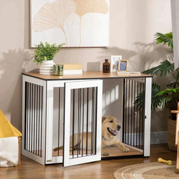 Rootz Hundebur - 2-i-1 Design Hundebur - Låsbar - Stål - Spånplade - Mørk valnød + Hvid - 106 cm x 60 cm x 76 cm