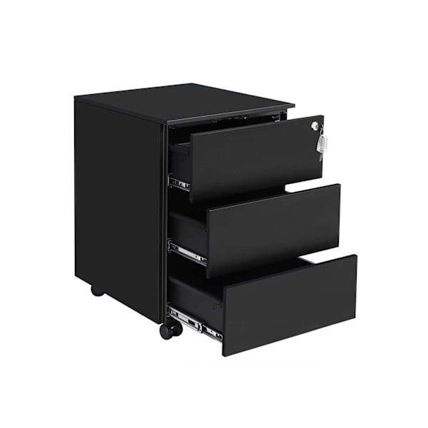 Rootz 3 Drawer Arkistokaappi - Pyörivä kontti - Toimistojärjestäjä - Teräsrakenne - Turvalukko - Mattamusta - 45cm x 39cm x 55cm