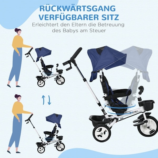 Rootz 6-i-1 trehjuling för barn - Trike för barn - Småbarnscykel - Push Bar - Solskydd - Reflexremsor - 112 cm x 50 cm x 104 cm - Mörkblå