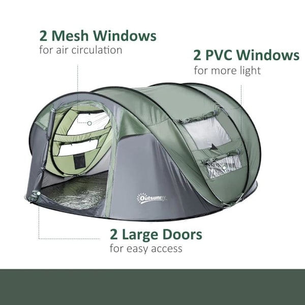 Rootz Campingtelt - Grøn, Mørkegrøn, Grå - Polyester, Glasfiber, Mesh - 103,74 cm x 86,61 cm x 48,42 cm