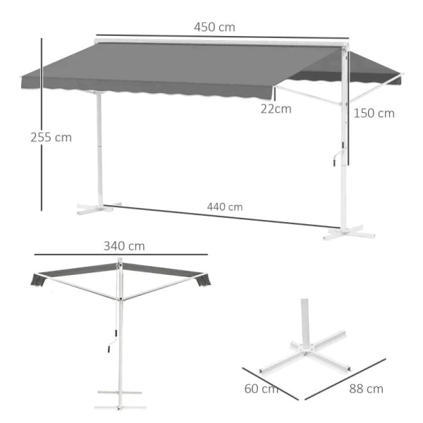 Rootz Markise - Standmarkise - Havefortelt - Foldearmshåndsving - Grå- 4,5 x 3,4 m