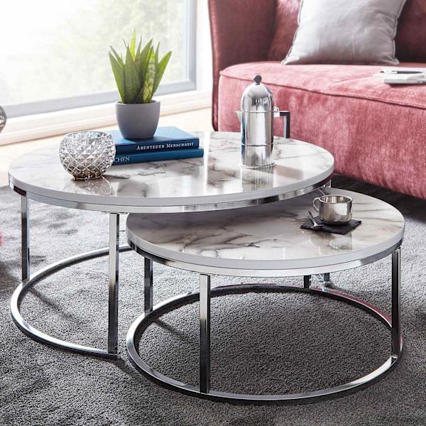 Rootz soffbordsset om 2 soffbord i vit silvermarmorlook runt modernt - Sidobord 2-delat metall - Runda vardagsrumsbord - Designa häckbord