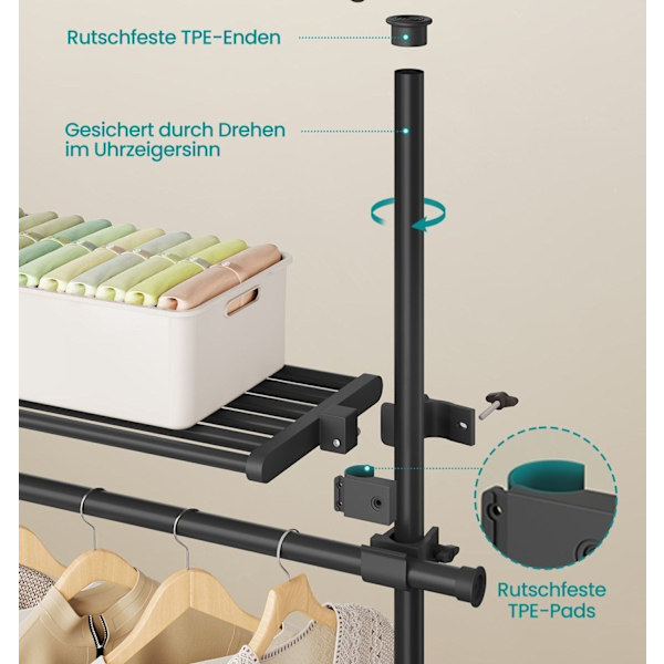 Rootz justerbar tøjstativ - Beklædningsstativ - Matsort - Stål og plastik - 33,5 cm x (162-238) cm x (208-310) cm - 9,7 kg - 92,5 kg Kapacitet