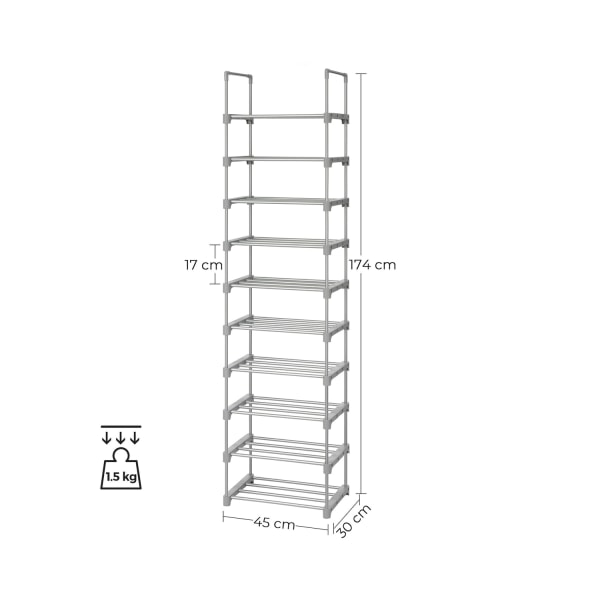 Rootz 10-hylde skostativ Organizer - Skoopbevaring - Skostativ - Metalrør - DIY Design - Pladsbesparende - 45cm x 30cm x 174cm