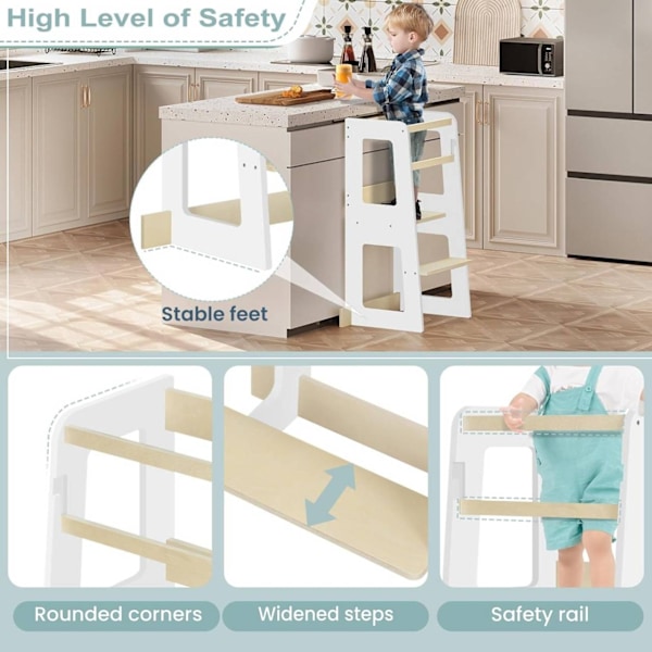 Rootz Kids Learning Tower turvatangoilla - Montessori Kitchen Helper - Valkoinen puu - Taaperoiden jakkara - 59cm x 90cm x 41cm