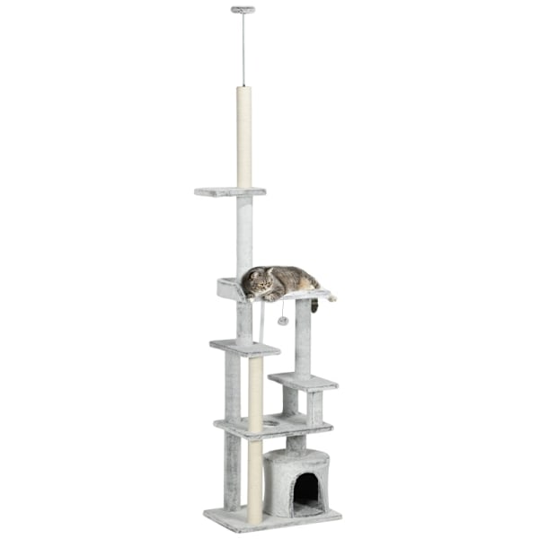 Rootz PawHut takhög kattskrapstolpe - Cat Activity Center - Cat Retreat - Höjdjusterbar - Flera plattformar - Robust konstruktion - 60W x 40D x 225-25