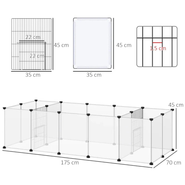 Rootz DIY Outdoor Inkapsling - Små djurport - 18 paneler - Inkluderar monteringsmaterial - Modulsystem - Svart + Vit - 175L x 70W x 45H cm.