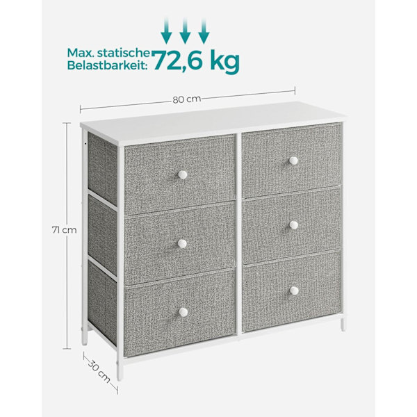 Rootz kommode med 3 skuffer - Opbevaringsskab - Kommode - Lysegrå hvid - Spånplade stål ikke-vævet stof - 30 cm x 80 cm x 71 cm - 10,2 kg Maks. vægt -