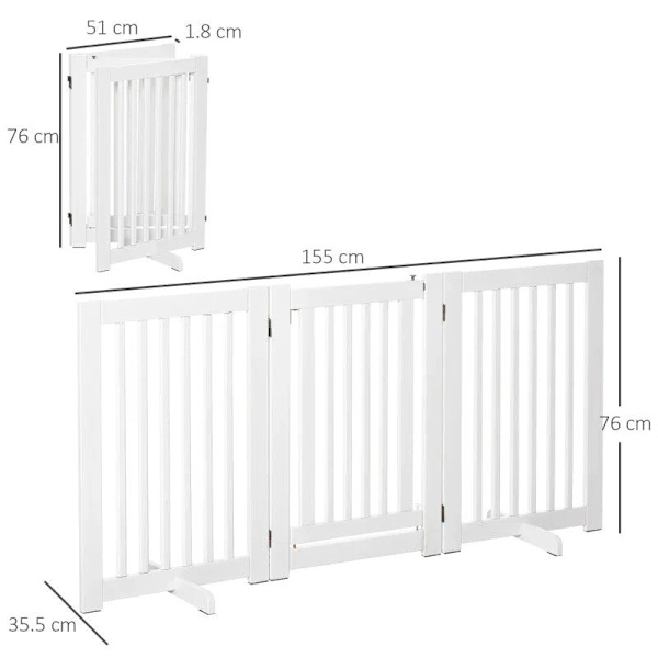 Rootz Træspærre - Fritstående Hundeport - Dørport - Justerbar Hundelåge - Foldbar Trappeport - Hvid - 155 x 1,5 x 76 cm
