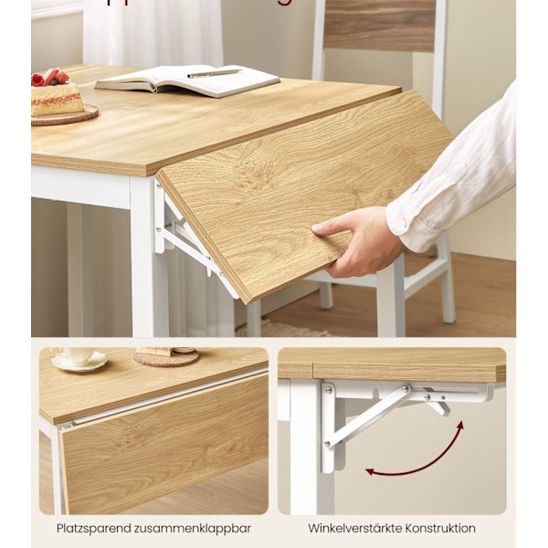 Rootz spisebord til 2-4 personer - Naturlig egefarve - Skyhvid - Spånpladestål - 78 cm x 120 cm x 76,2 cm - Bærbart foldbart bord