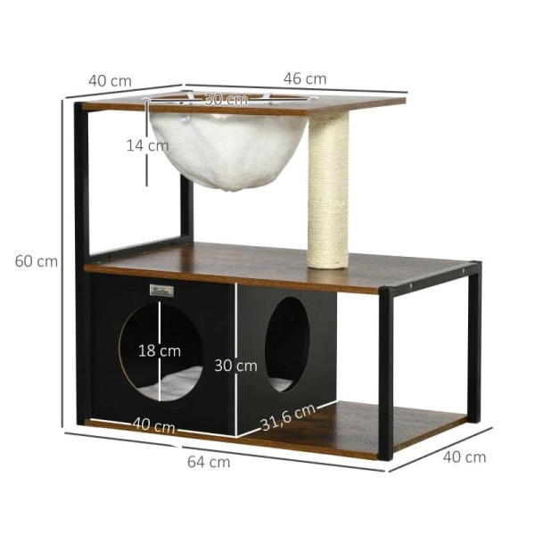 Rootz Kattehus - Katteboks - Kattemøbler - Kradsestolpe - Med Kattehule - Med Katteseng - Brun - 64 x 40 x 60 cm