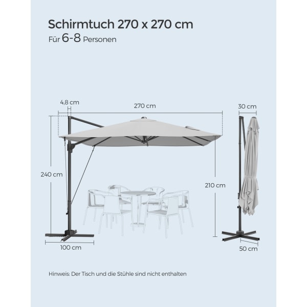 Rootz Cantilever paraply - Patio paraply - Offset paraply - Stålramme - 180g/m2 polyester - Dove Grey - 270cm x 270cm - 240cm Højde - 17,4kg - Krydsbu