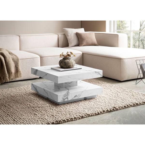 Rootz Square Sofabord - Moderne marmorbord - Hvid stuebord - Anti -slip puder - 60 cm x 60 cm x 34 cm