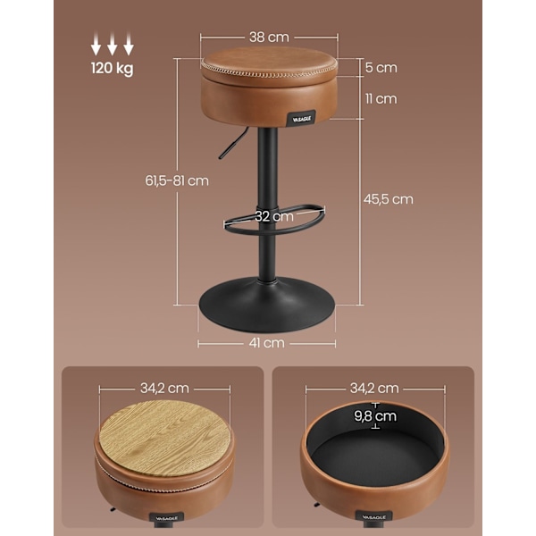 Rootz Barstol - Køkkentaburet - Stol i bordhøjde - Kunstlæder - 41 cm x 41 cm x (61,5-81 cm) - Stålstel - 7,4 kg - 120 kg Max belastning