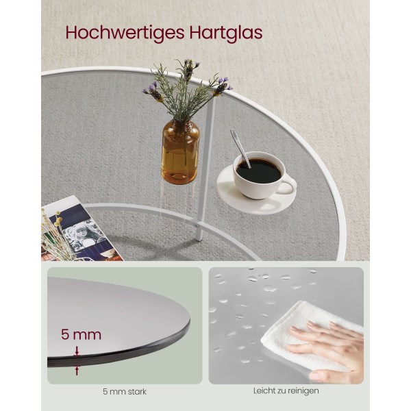 Rootz soffbord i glas - Runt bord - Stålstomme - Skiva i härdat glas - Pärlvit-skiffergrå - 84 cm x 45,5 cm - Lätt - Robust - Enkel montering