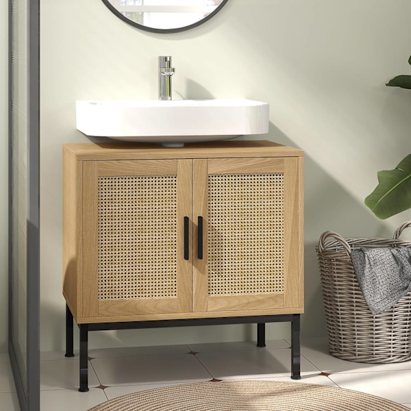 Rootz badeværelse skab - Boho Design - Sink Storage Unit - Rattan Elements - Passer under vask - Brun - 60x39x60 cm