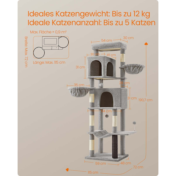 Rootz Scratch Tree - Cat Climbing Tower - Feline Activity Center - 190,7 cm Hög - 2 grottor - 59 cm x 48 cm x 190,7 cm - Grå