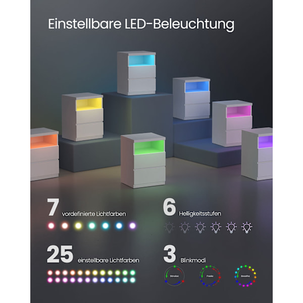 Rootz Bedside Bord - natbord - Bedside Møbler - Justerbar LED -belysning - 35 cm x 40 cm x 55 cm - Cloud White finish