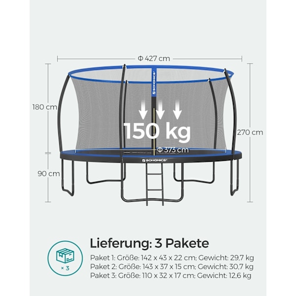 Rootz studsmatta med skyddsnät - Utomhusstudsmatta - Galvaniserad stålram - Hoppmatta - 427cm x 270cm - Svart-Blå - 66,4 kg