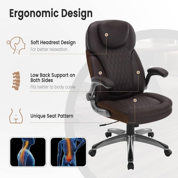 Rootz Ergonomic Executive Swivel Chair - Svart/Brun - Högresiliensskum - Justerbar höjd - PU-överdrag - 67 x (114,5-124,5) x 78 cm