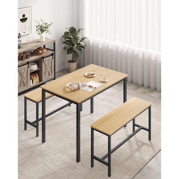Rootz 3-osainen ruokailusetti - Keittiön pöytä - Puiset penkit - Lastulevy ja teräs - 70cm x 110cm x 75cm - Golden Oak Ink Black - 27,5kg