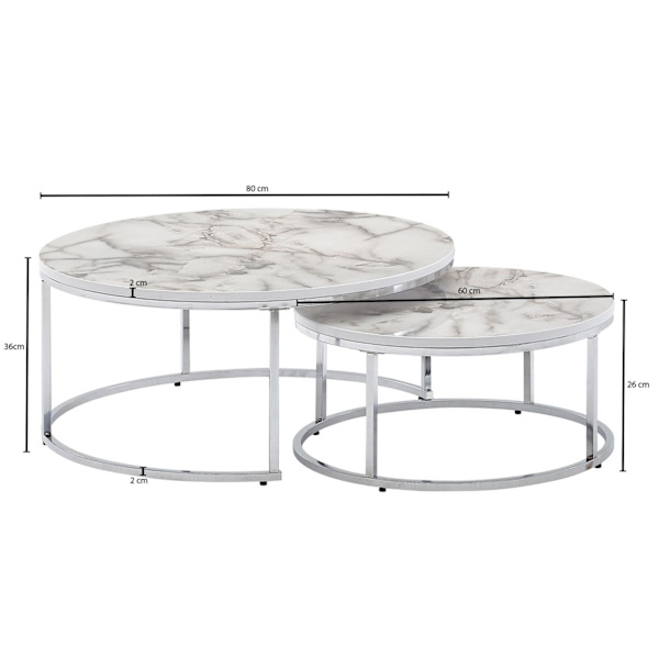 Rootz soffbordsset om 2 soffbord i vit silvermarmorlook runt modernt - Sidobord 2-delat metall - Runda vardagsrumsbord - Designa häckbord