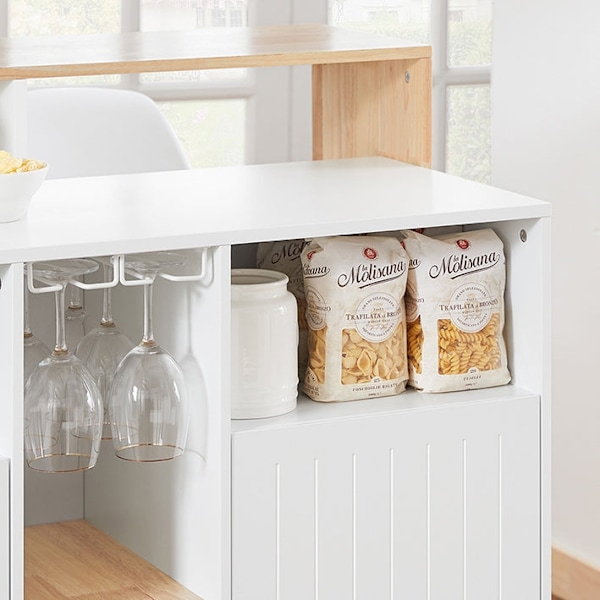 Rootz Kitchen Island - Barbord - Skænk - Udvidbart design - Vinopbevaring - Glasholdere - Gummitræ Top - 105cm x 105cm x 60cm