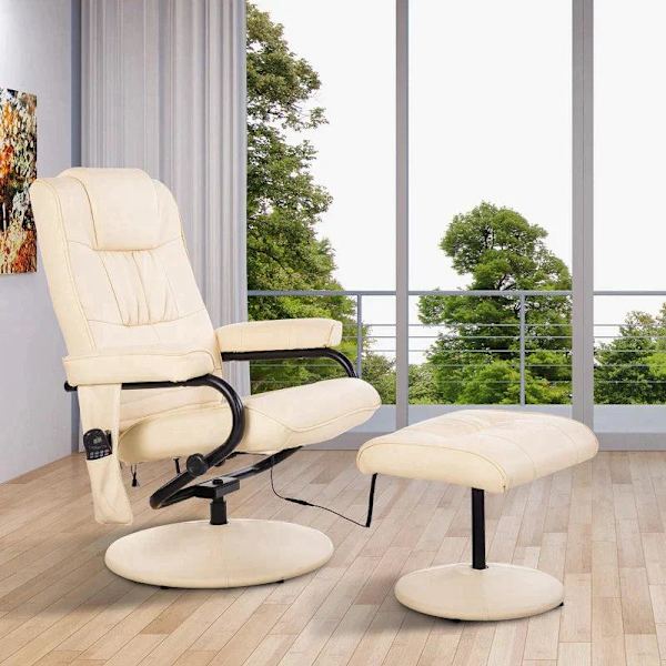 Rootz Avslappningsstol - Massagestol - Avslappningsstol med liggfunktion - TV-stol med massagefunktion - Inklusive pall - Läderimitation - Krämvit - 7