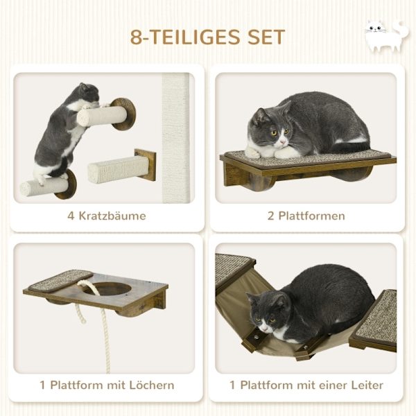Rootz Cat Væghyldesæt - Klatrevæg - Katteplatforme - Sisal-ridseoverflader - Sikker støtte - 136 cm x 29 cm x 8,5 cm