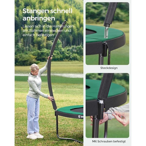 Rootz 10ft trampolin med sikkerhedsnet - Sort-grøn - Galvaniseret stålramme - PVC-kantdæksel - PP hoppemåtte - 244 cm x 239 cm - 180 cm stanghøjde - 8