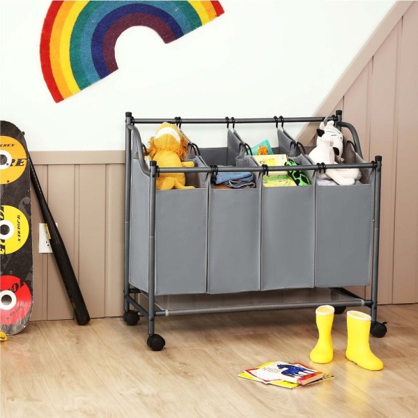 Rootz Vasketøjskurv På Hjul - 4 Lommer - Vasketøjskurv - 4 Aftagelige stofposer - Rullende Vasketøjskurv - 4-delt Vasketøjsvogn - 600D Polyester - Grå