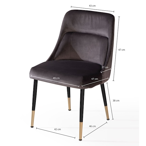 Rootz Modern Design -ruokailutuoli - Keittiötuoli - Samettipäällinen - Metalliset jalat - 49 cm x 85 cm x 56 cm - Harmaa ja kulta - Mukava pehmuste -