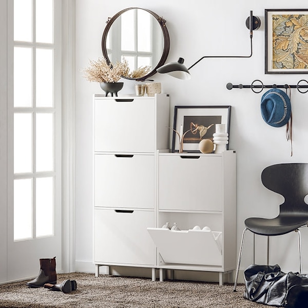 Rootz Skoskab med 2 klapper - Skovipper - Skokommode - Pladsbesparende design - Alsidig opbevaring - Forbedret stabilitet - Hvid - 50 cm x 91 cm x 19
