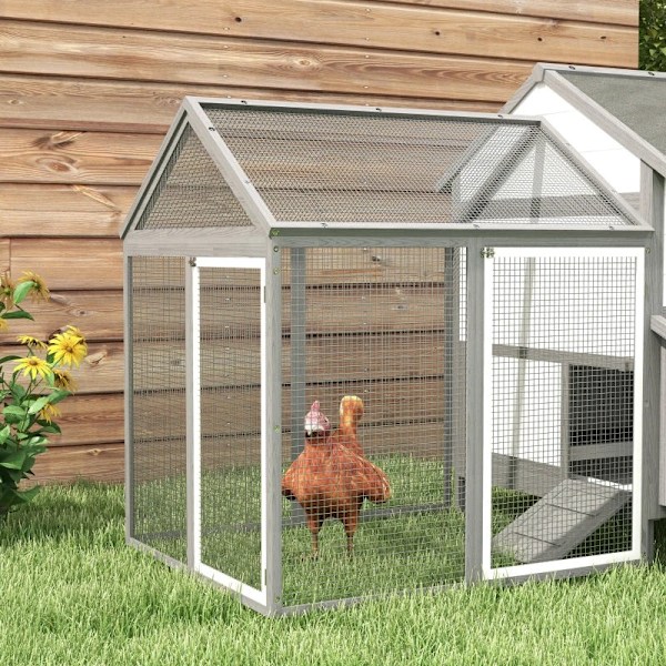 Rootz Chicken Coop - Smådjurshus - 2 utomhusinhägnader - 1 häckningslåda - 2 ramper - Asfalttak - Väderbeständig - Grå - 247 cm x 125 cm x 113,5 cm