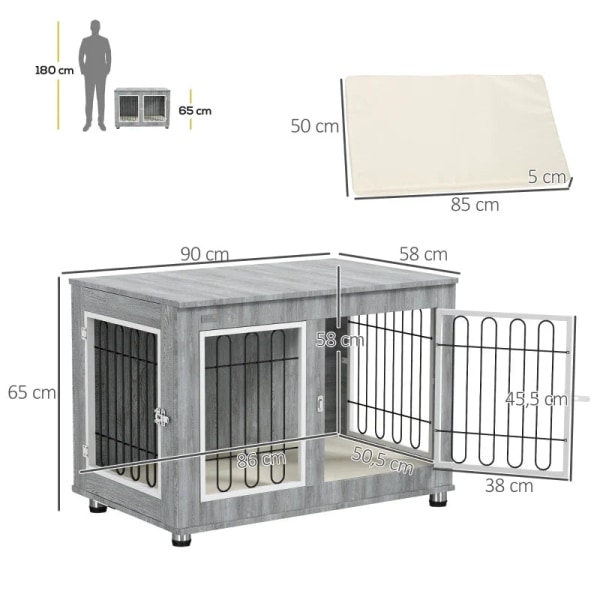 Rootz Hundbur - Hundhus - Tvättbar stoppning - 2 spärrar - Spånskiva - Oxfordduk - Grå - 90cm x 58cm x 65cm