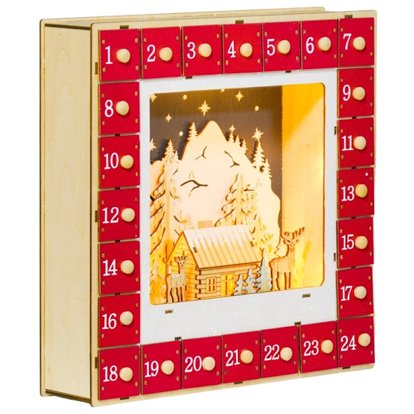 Rootz Juladventskalender - LED Lit - Stora lådor - Festlig inredning - MDF - 34cm x 7cm x 34cm