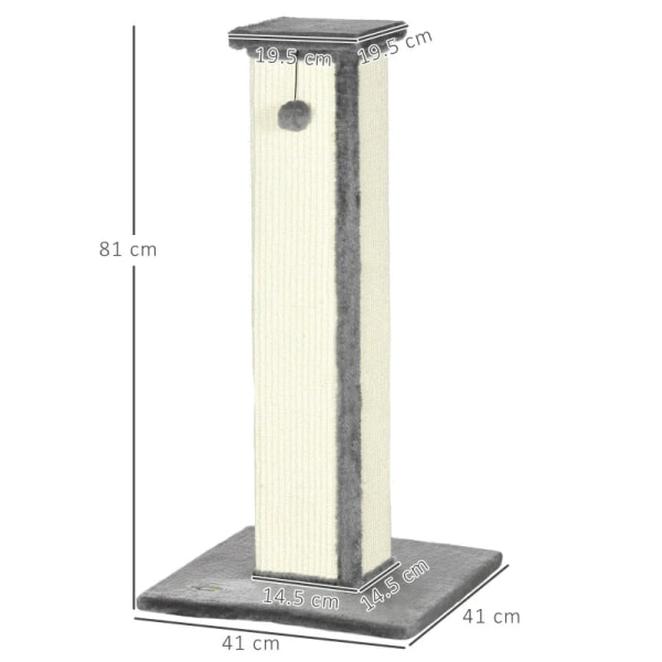 Rootz Cat Scratching Post with Toy Ball - Cat Scratcher - Plysch - Sisal - Hängande boll - Kräm + Grå - 41cm x 41cm x 81cm